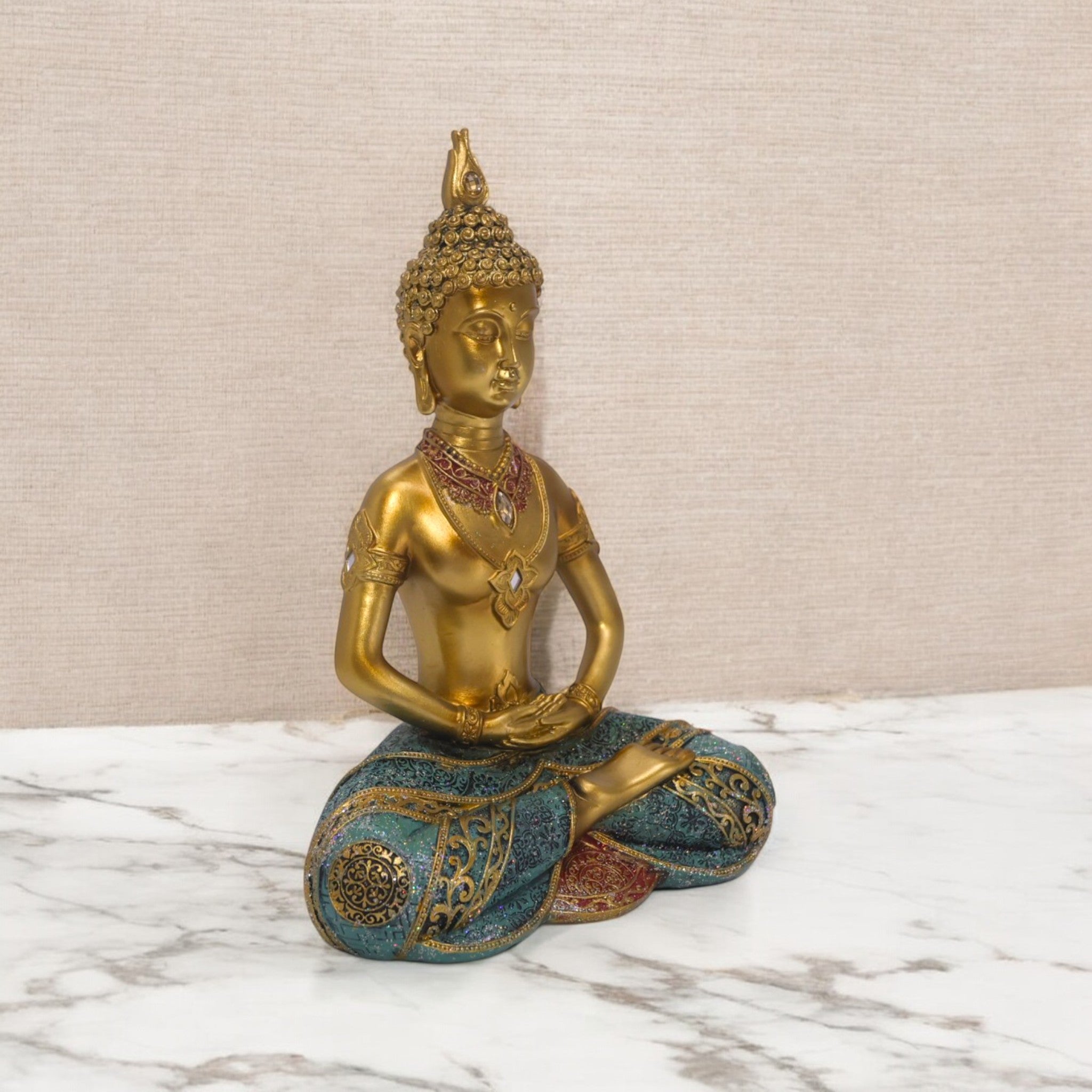 Meditation Buddha Sculpture | Golden & Turquoise Zen Art Statue | 29cm Spiritual Home Decor - Divine Dekor