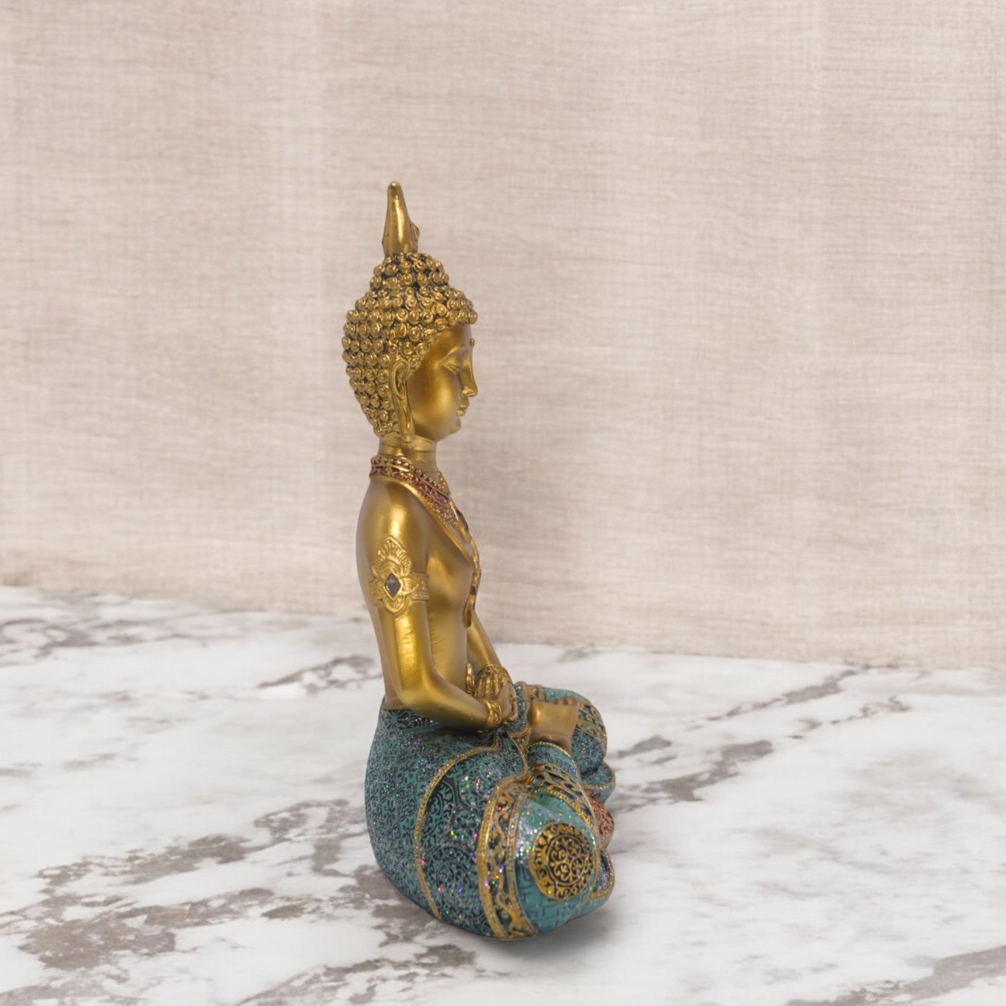 Meditation Buddha Sculpture | Golden & Turquoise Zen Art Statue | 29cm Spiritual Home Decor - Divine Dekor