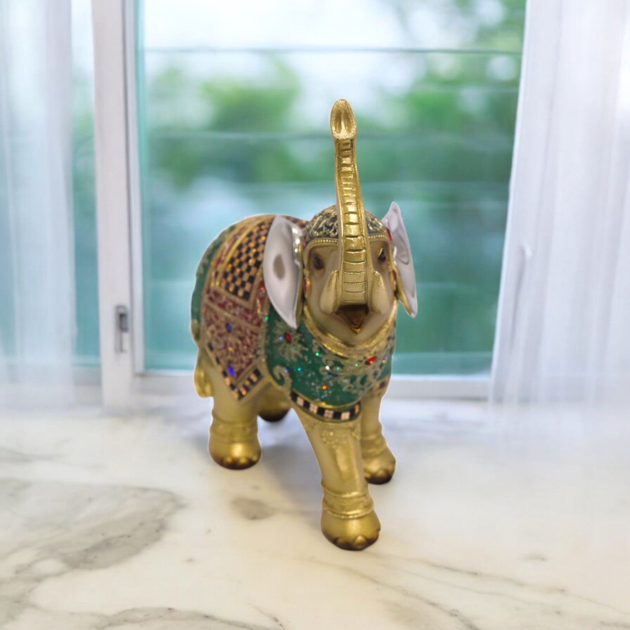 Divine Dekor Royal Elephant Statue - Emerald & Gold Prosperity Decor